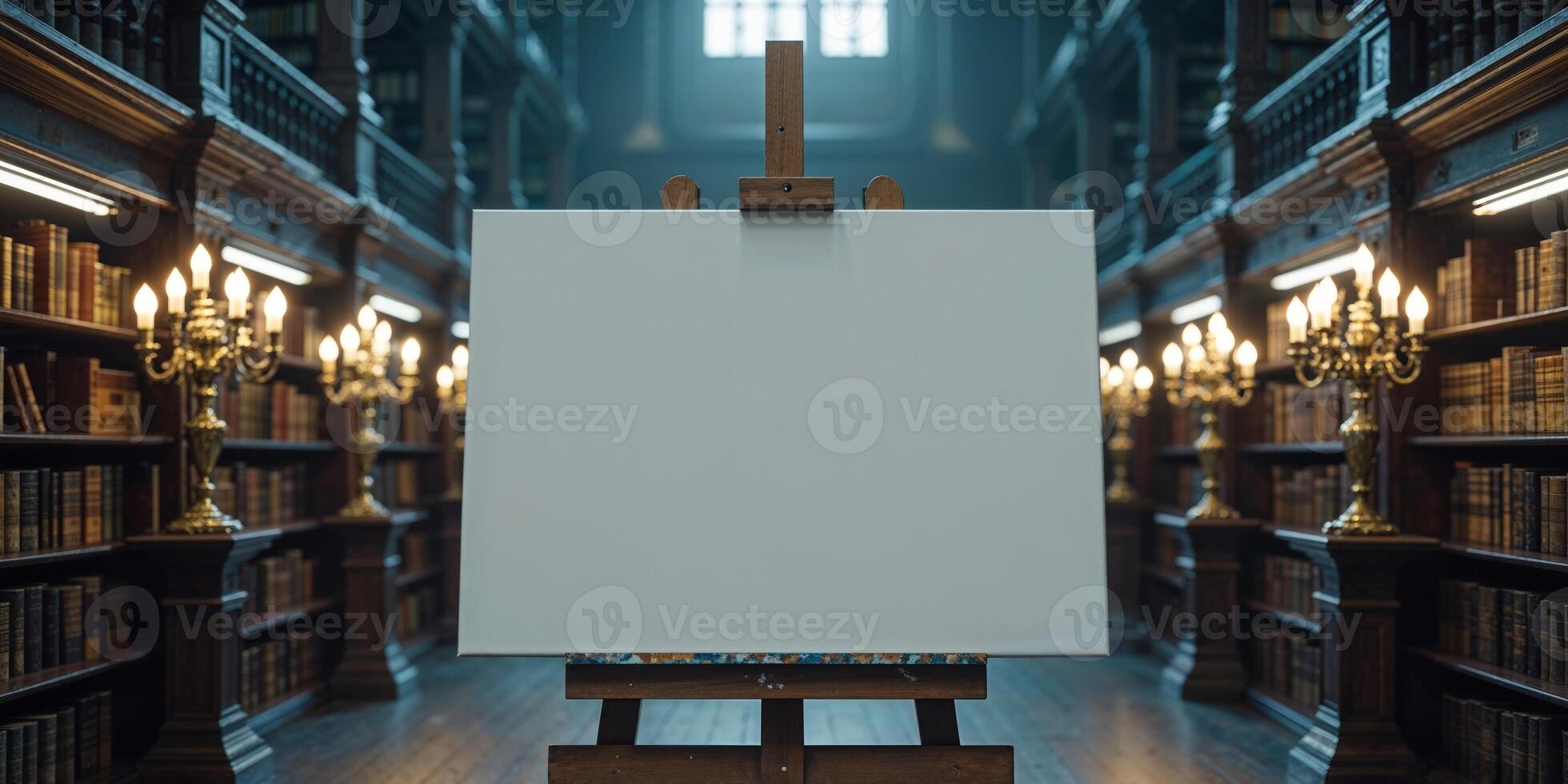 An easel with a blank canvas in a library photo