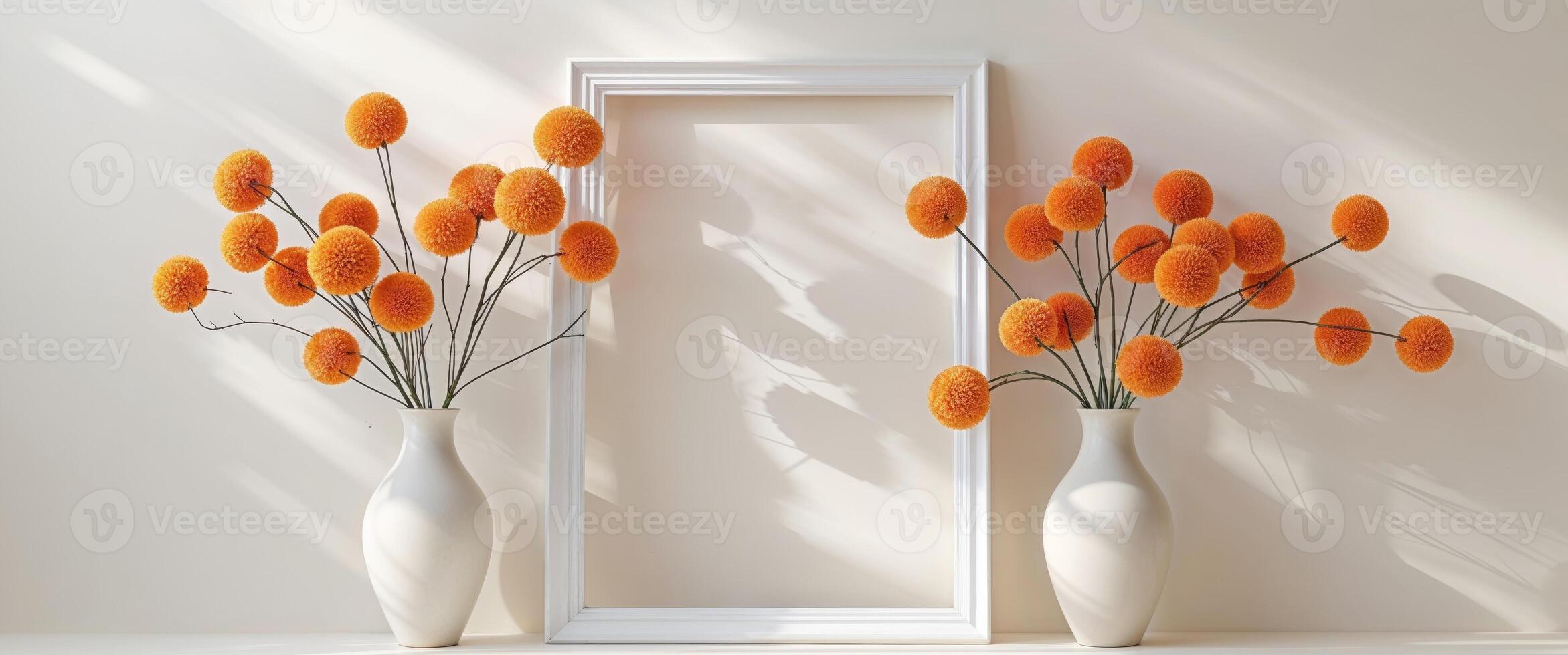 Three white vases with orange flowers sit next to a white frame photo