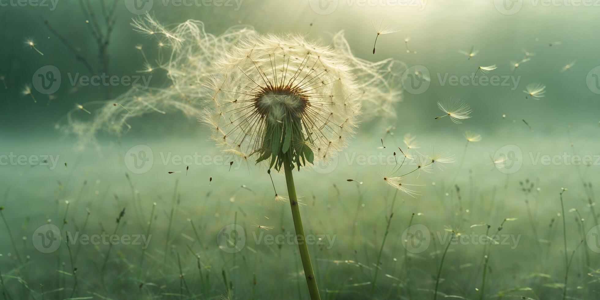 A dandelion blowing in the wind with the sun shining photo