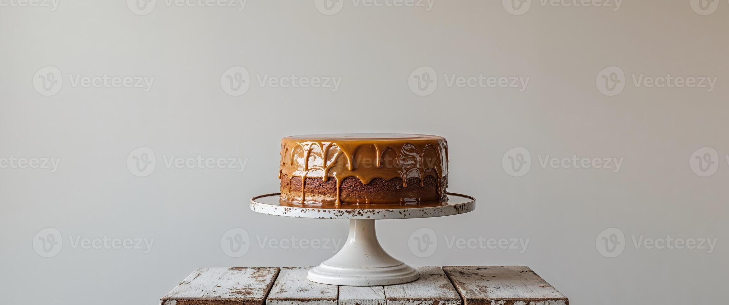 A cake on a white pedestal with caramel drizzle photo