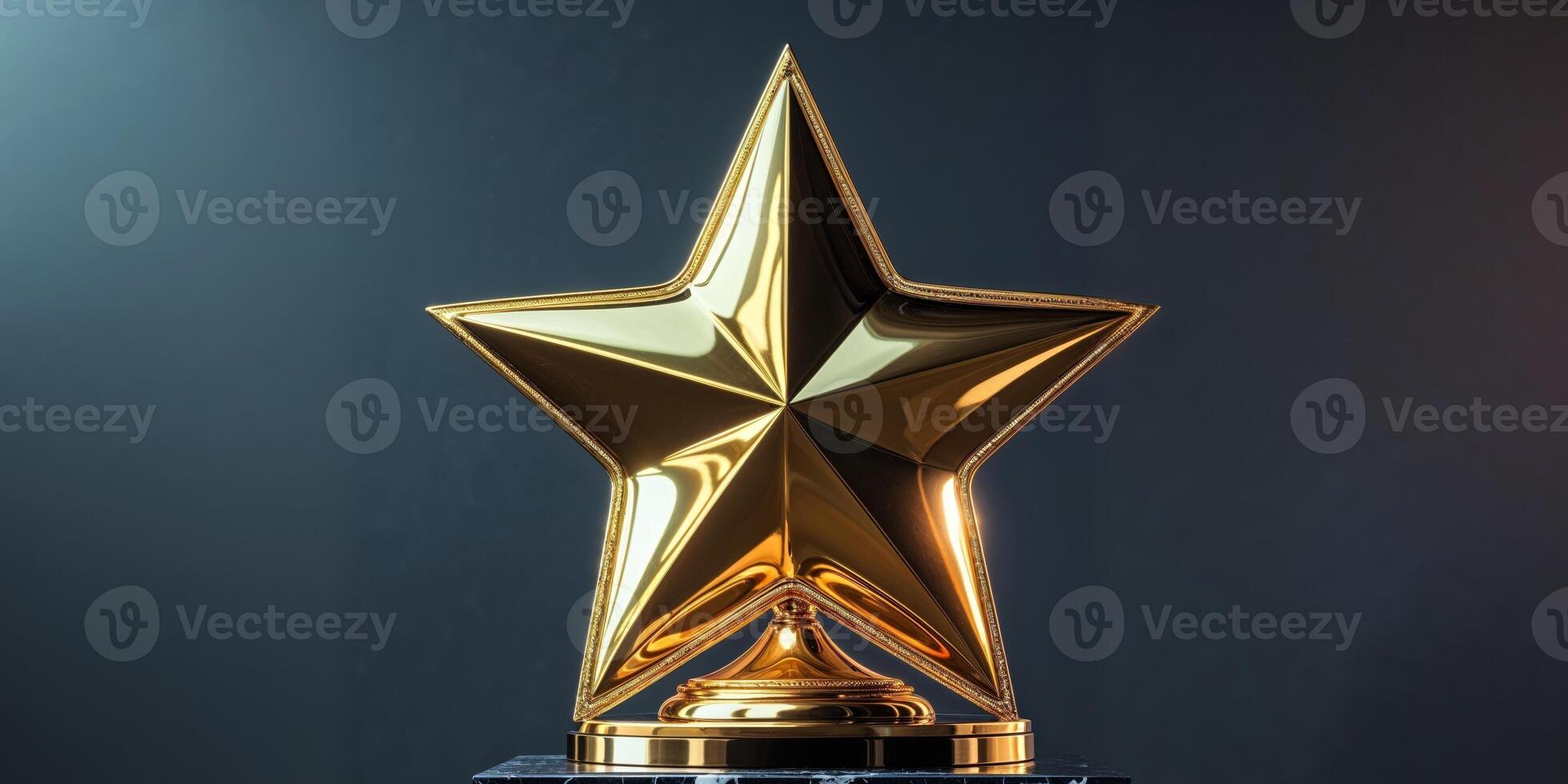 Polished golden star trophy with reflective surface on modern black marble pedestal. photo