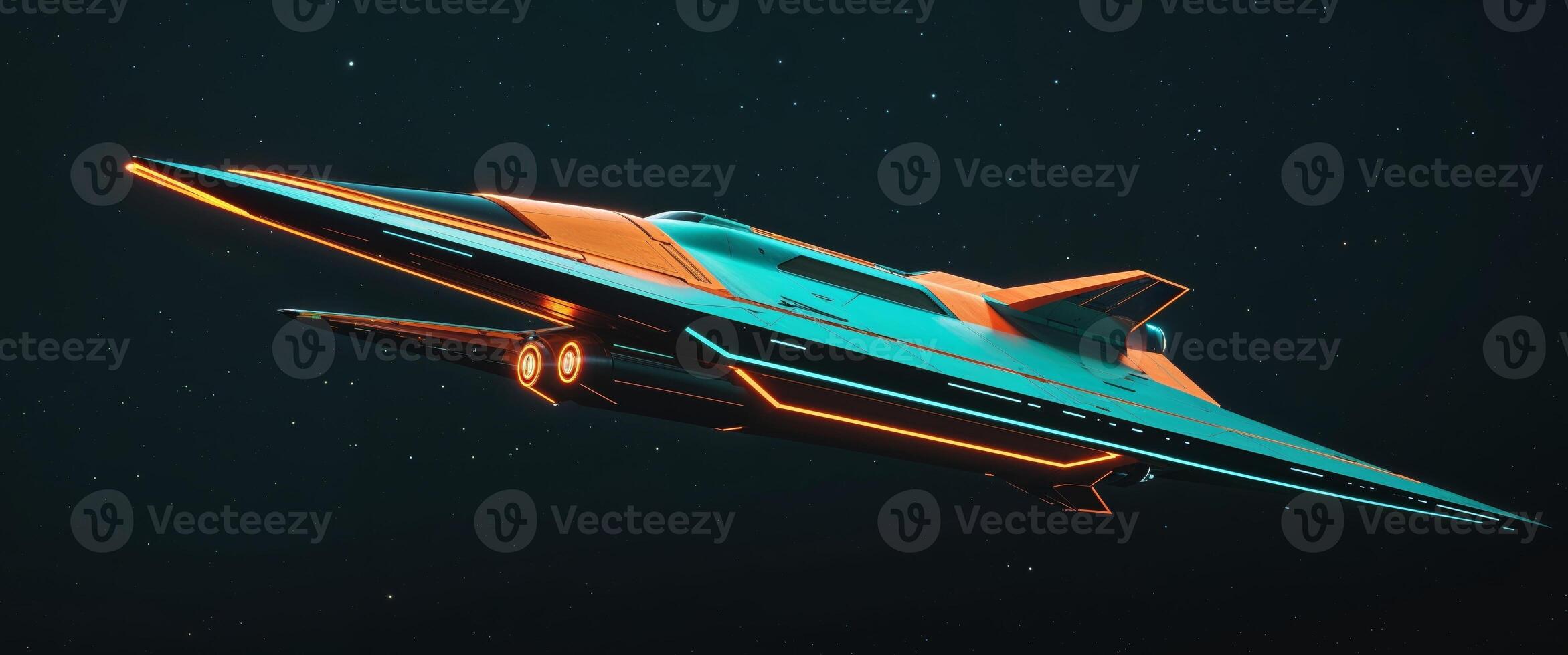 Orange And Teal Neon Spaceship In Dark Background. photo