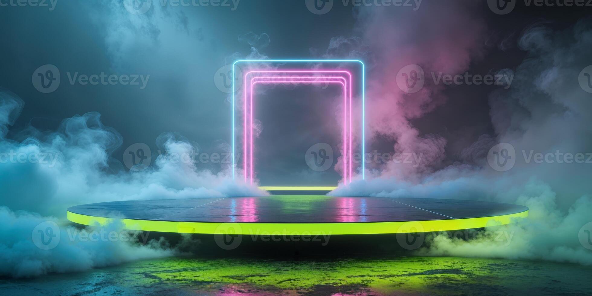 Glowing Stage Platform with Neon Lights and Smoke for Product Display. photo