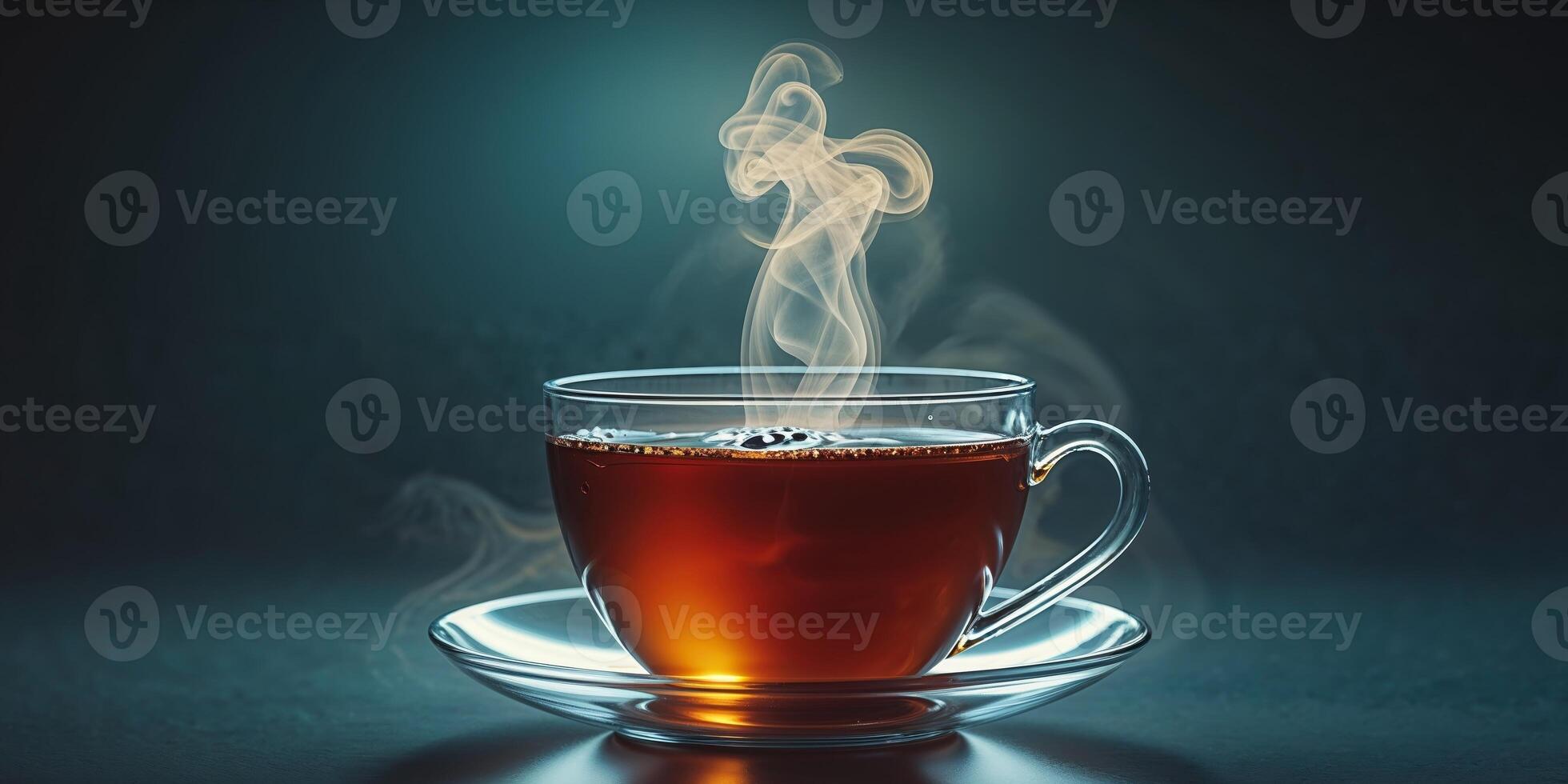 Steaming Cup of Black Tea with Dark Background and Reflection. photo
