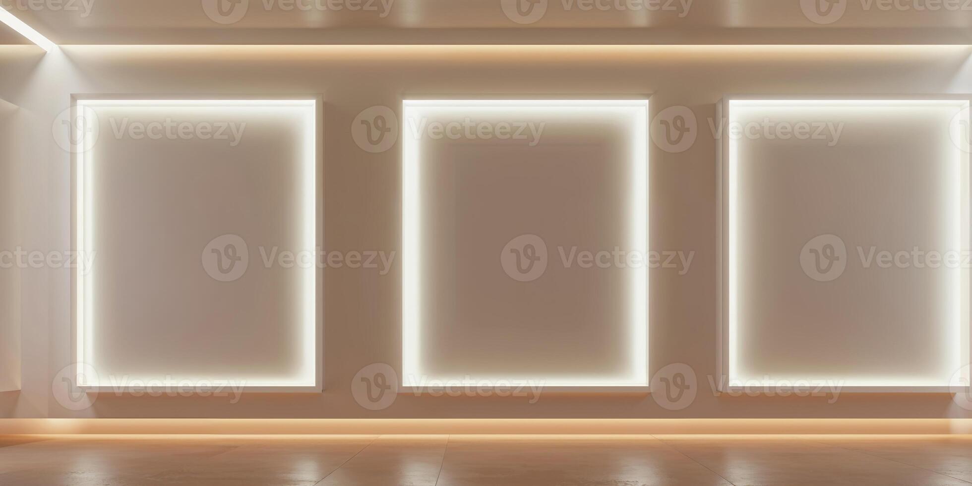 Empty room with three white panels on the wall photo