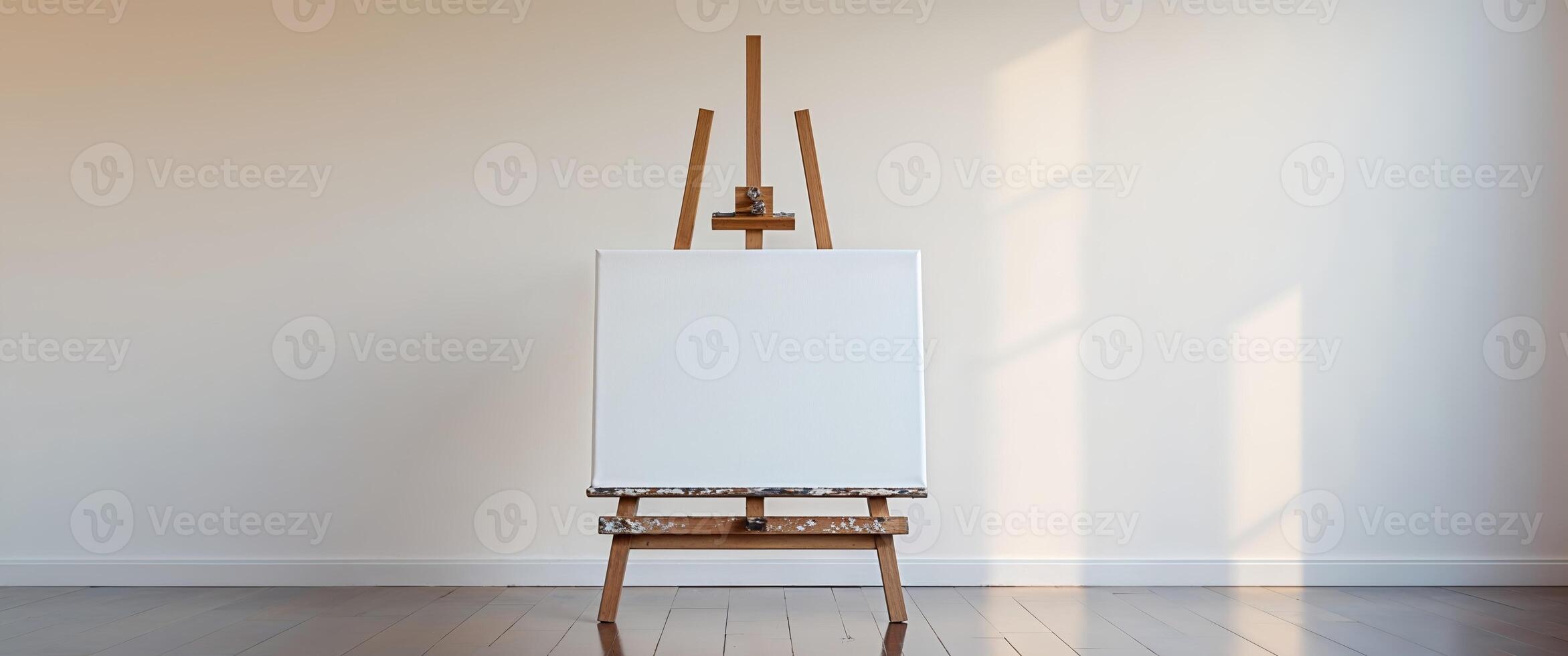 An easel with a blank canvas in front of a white wall photo