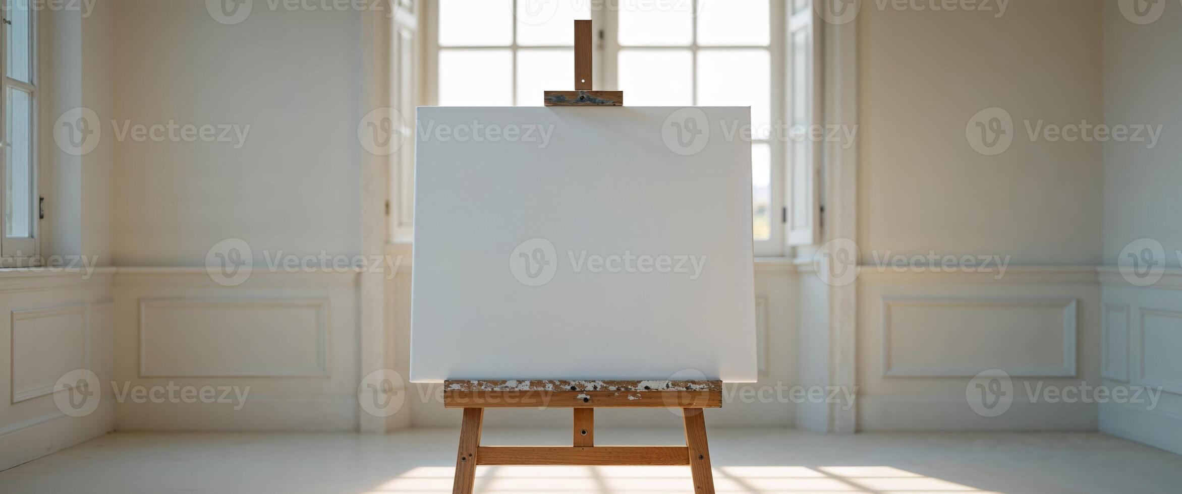 An easel with a blank canvas in an empty room photo