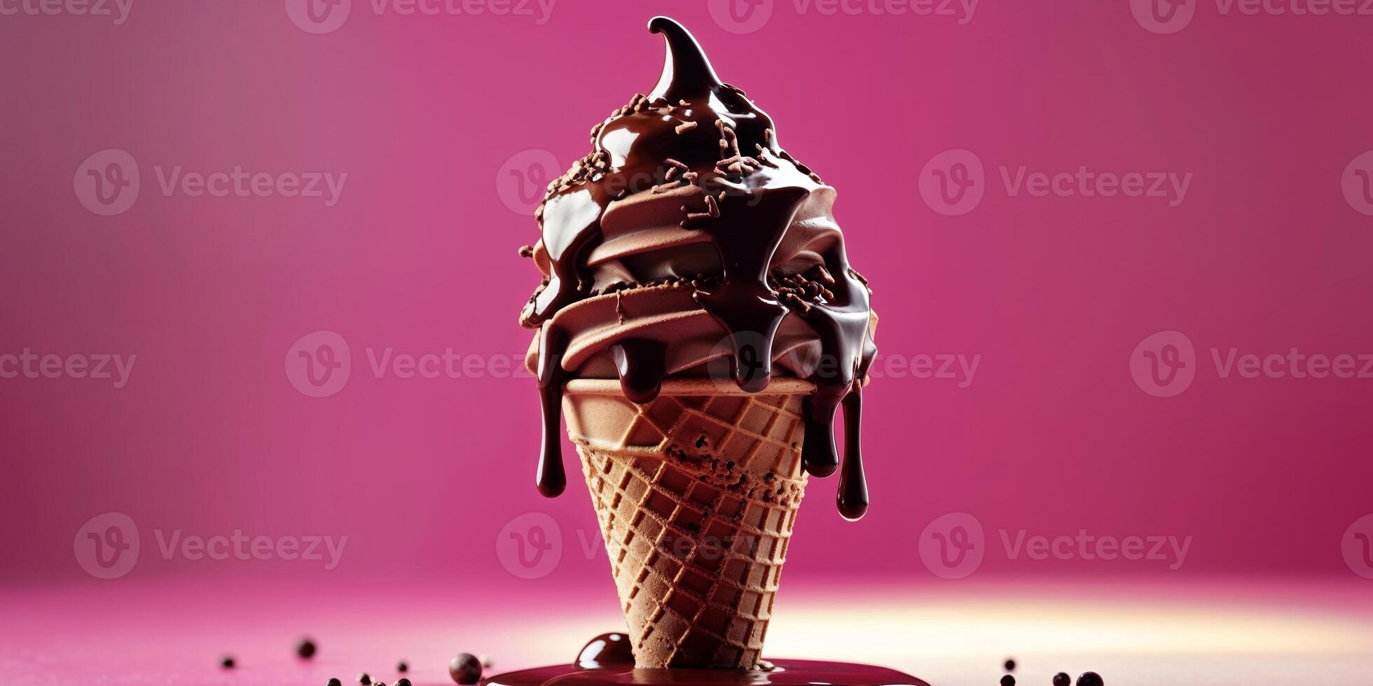 Delicious Chocolate Ice Cream Cone Dripping Sweet Chocolate Sauce Pink Background Gourmet Dessert Sweet Treat Indulgent Chocolatey Flavorful Creamy photo