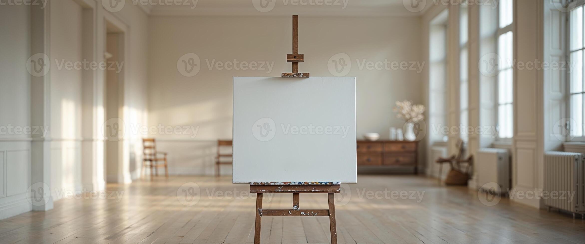 Blank Canvas On Easel In Light Filled Room. photo