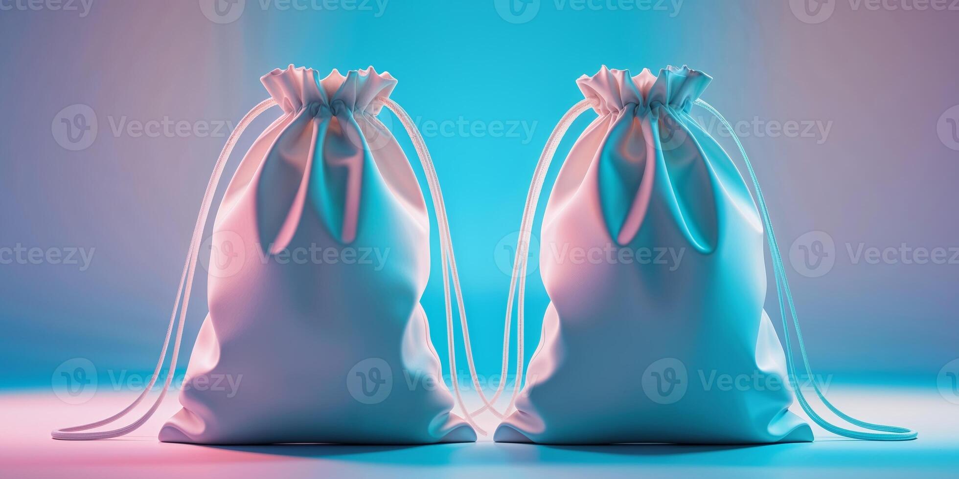 Two blank white drawstring bags on a blue studio backdrop photo