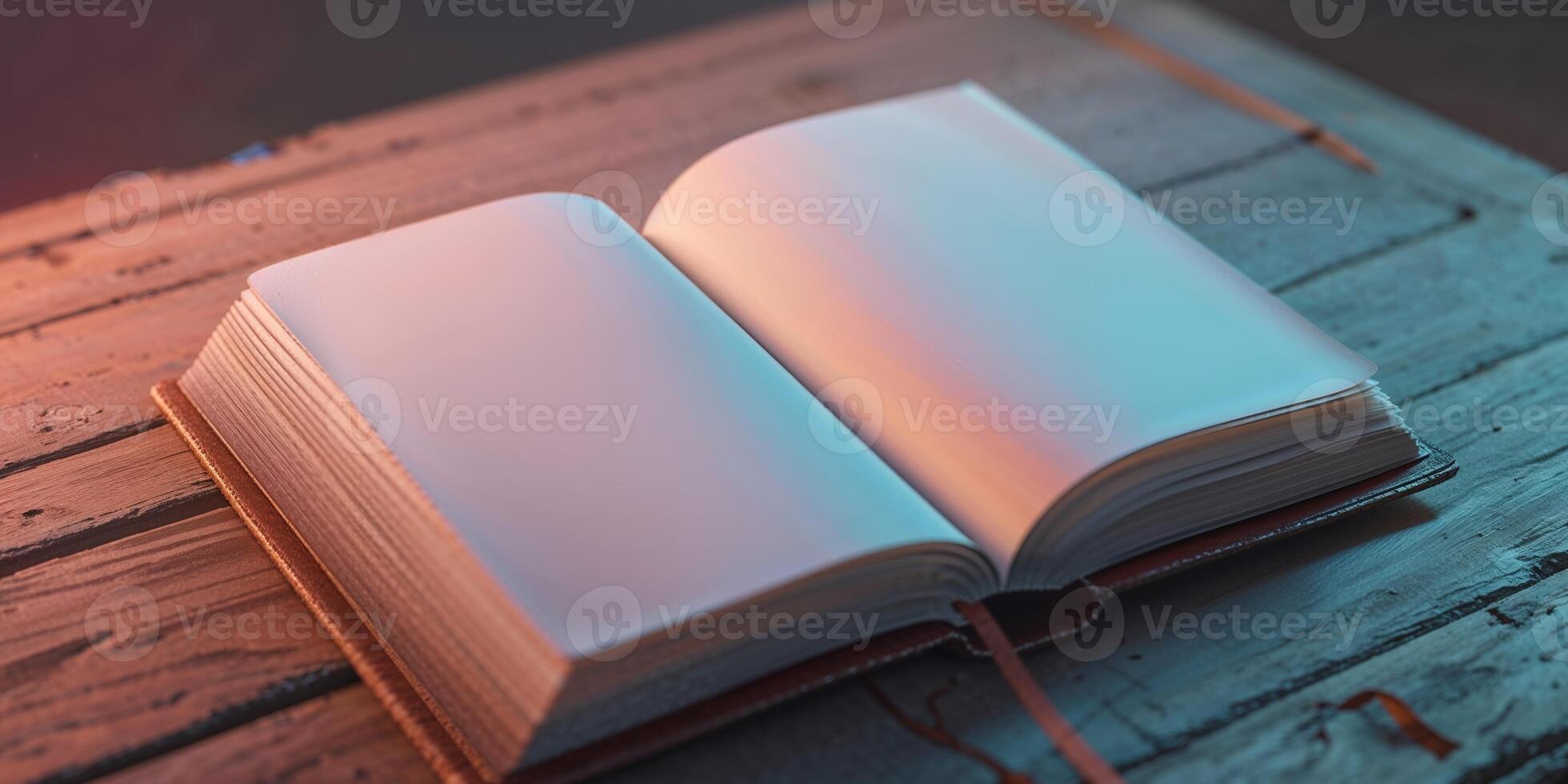 An open book on a wooden table photo