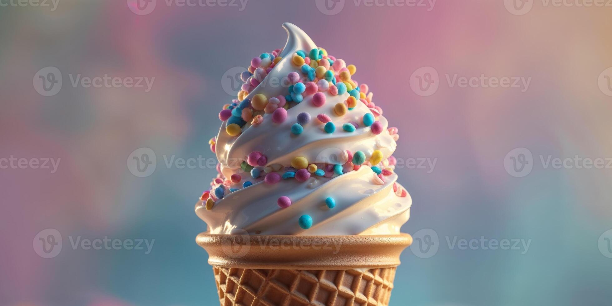 Ice cream in a waffle cone with colorful sprinkles photo
