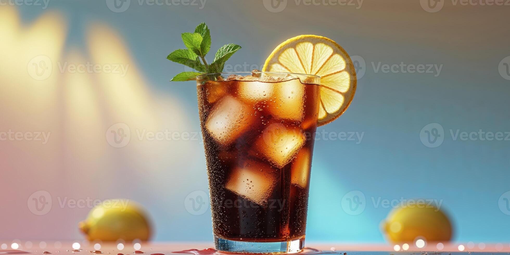 A glass of cola with ice and lemon photo