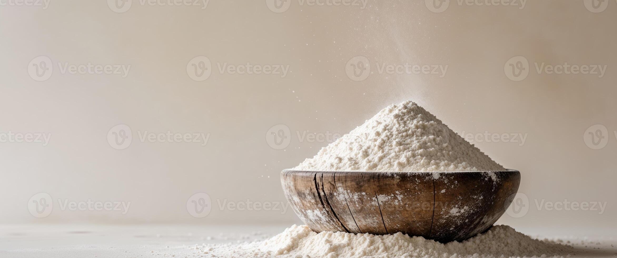 A wooden bowl filled with flour and powder photo