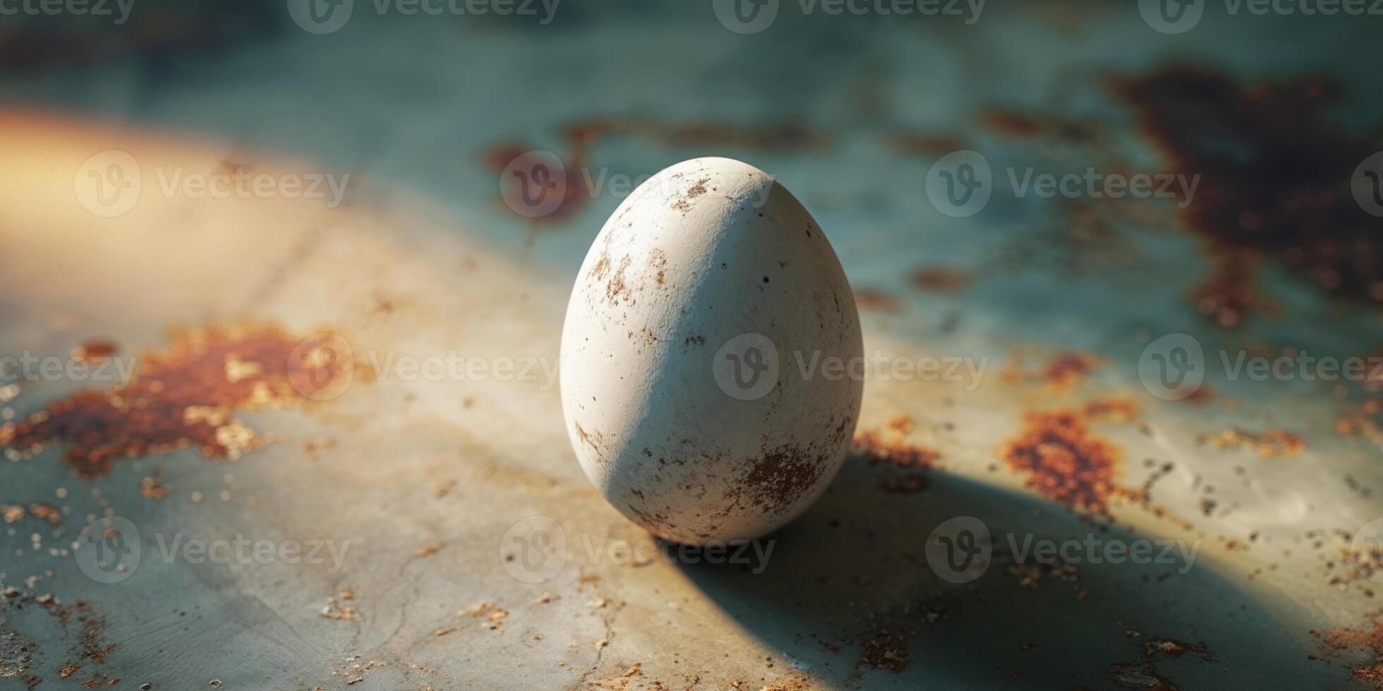 An egg sitting on a rusty surface photo