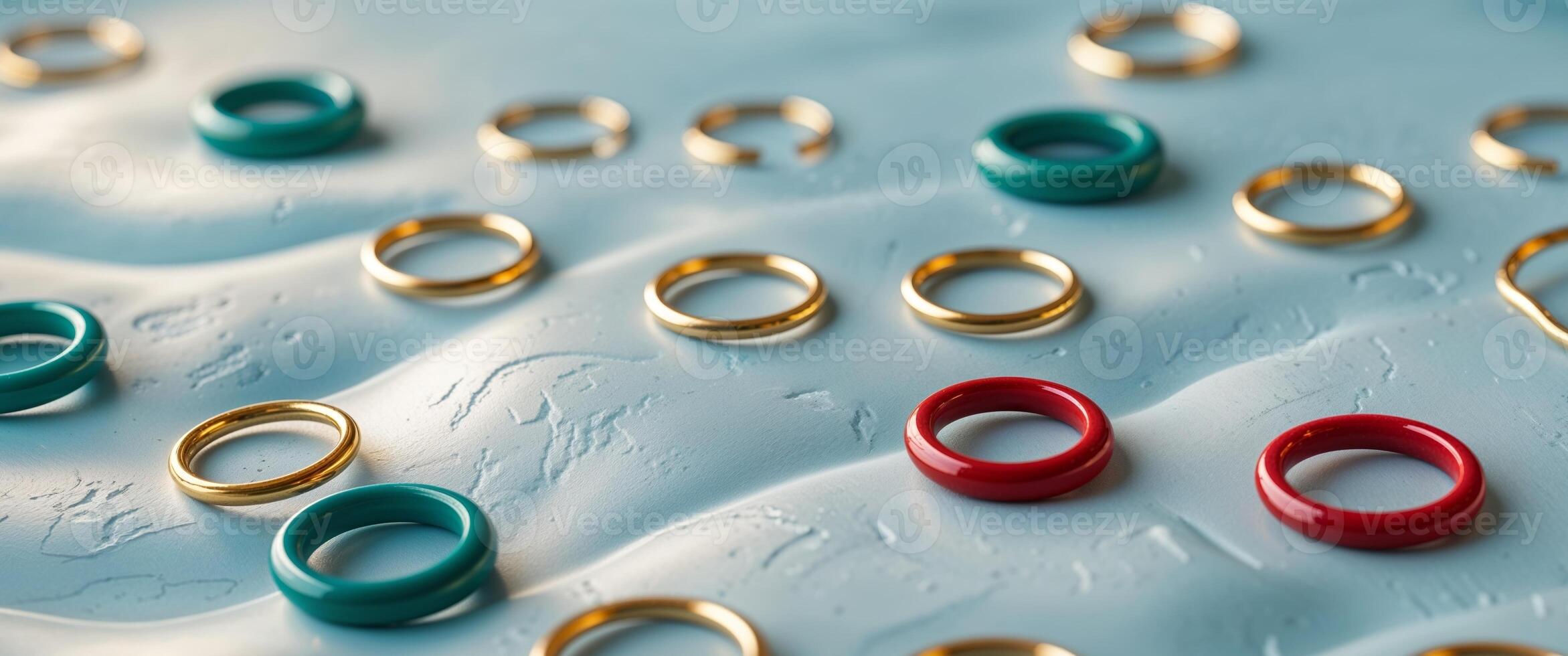 Interconnected Gold Teal and Red Rings Lying on a Light Blue Textured Surface. photo