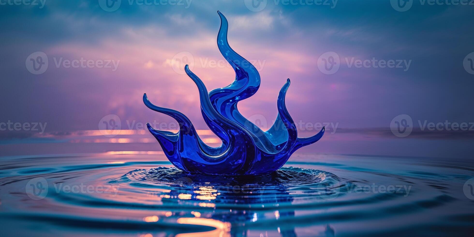 Abstract Blue Glass Flame Sculpture by Water at Night photo