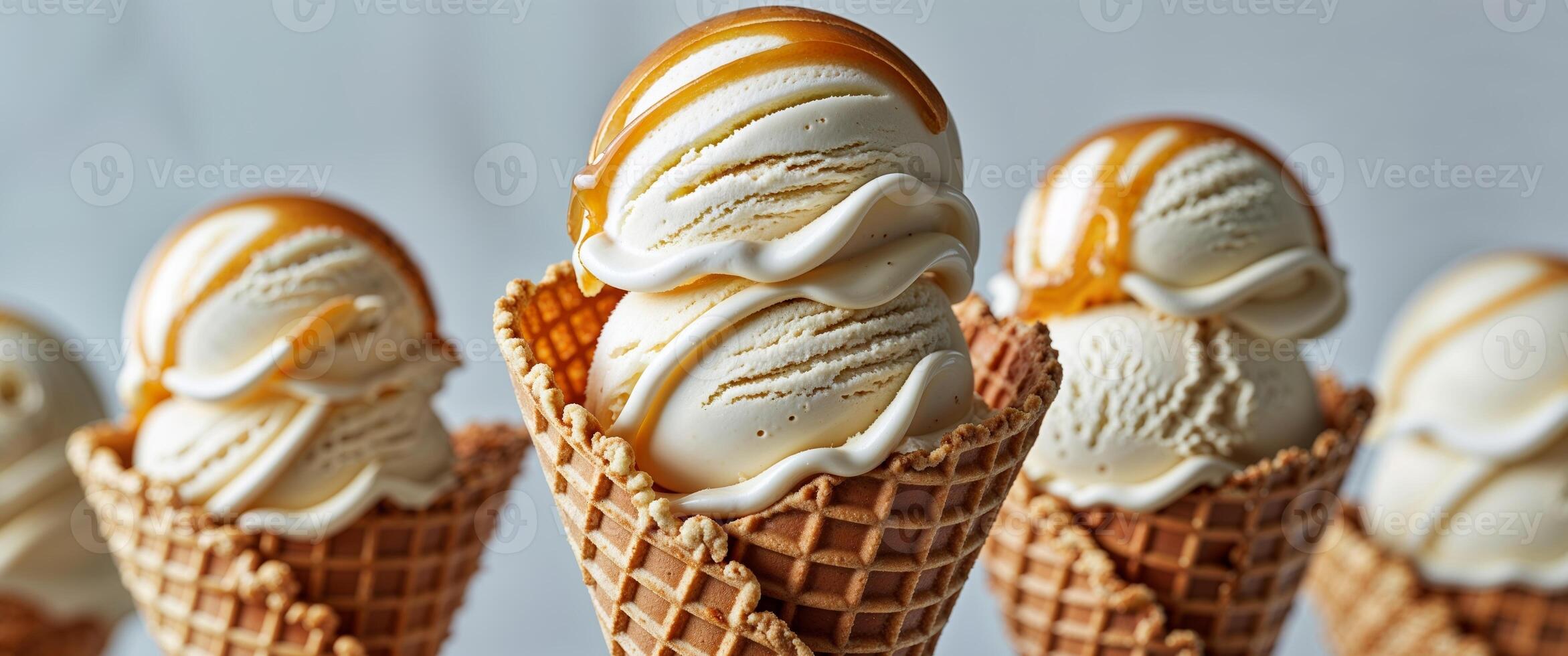 Golden caramel swirl ice cream scoops stacked high in a waffle cone emphasizing the creamy texture rich taste and luxurious sweetness of the frozen dessert photo