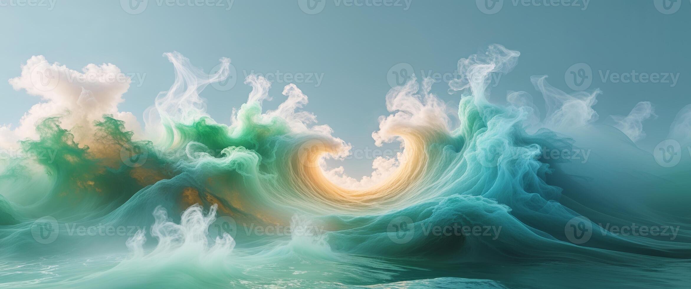 A wave is shown in the ocean with a sun in the middle photo