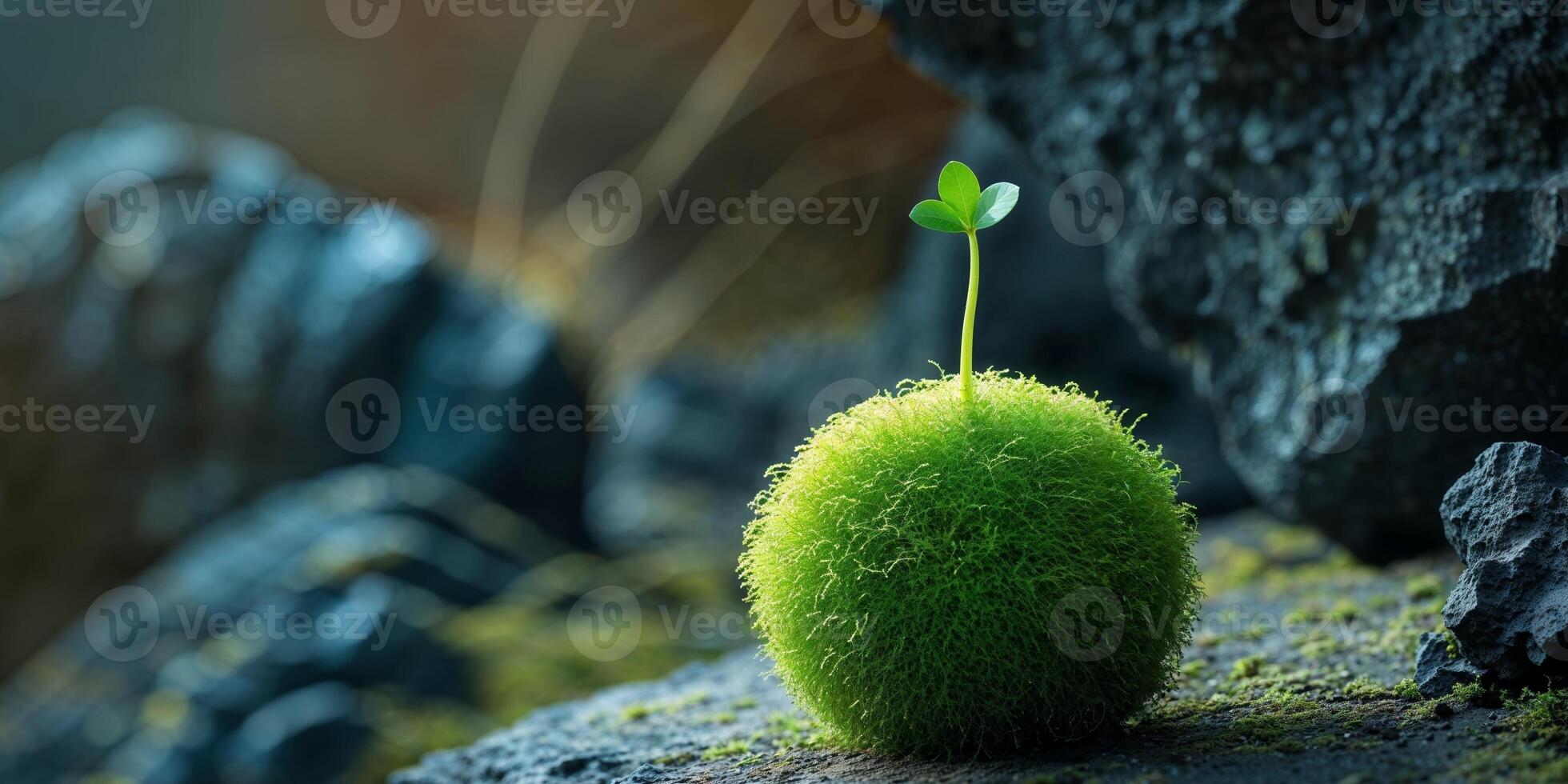A small green plant growing out of a rock photo