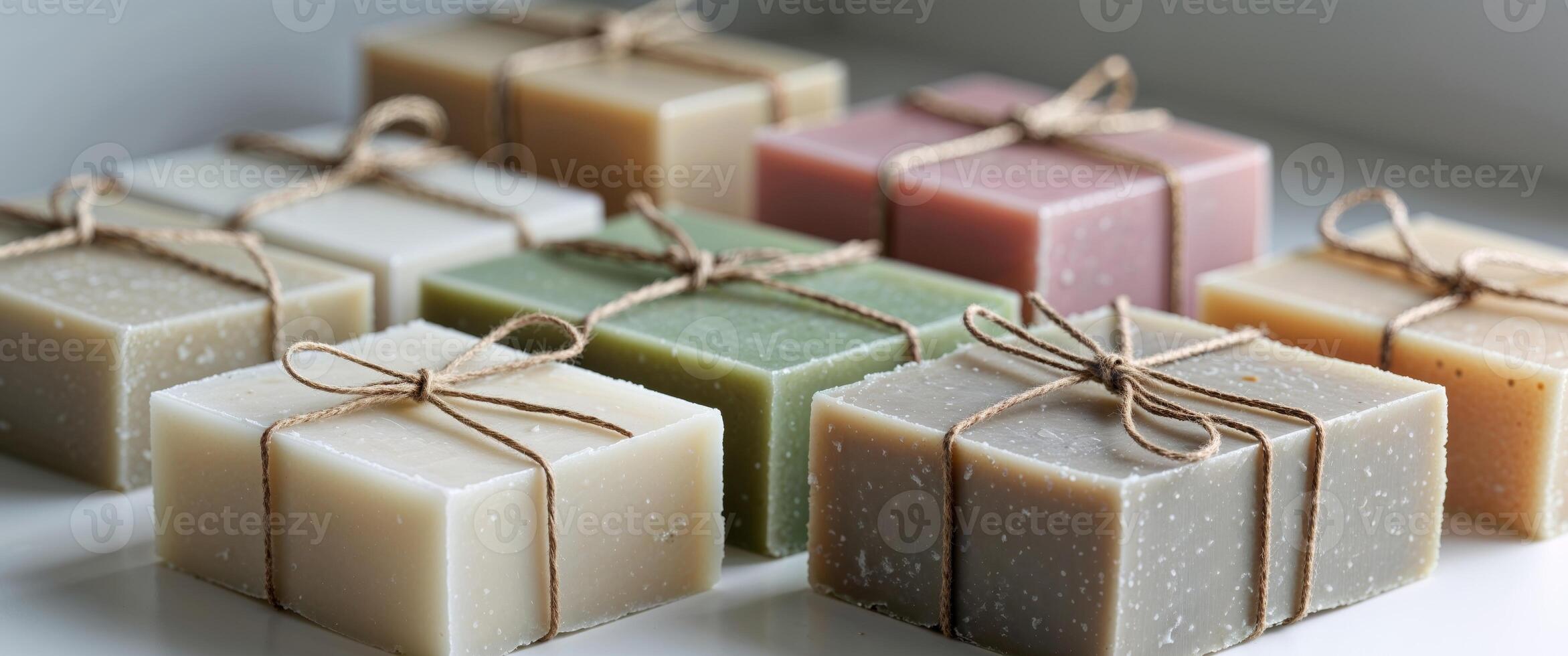 Artisanal Soaps Collection Colorful Handmade Soap Bars Tied with Twine photo