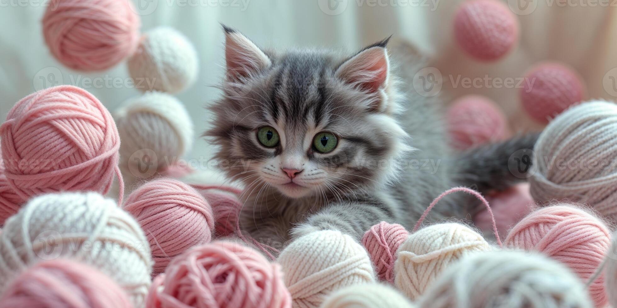 a playful kitten surrounded by pink and white yarn balls. photo