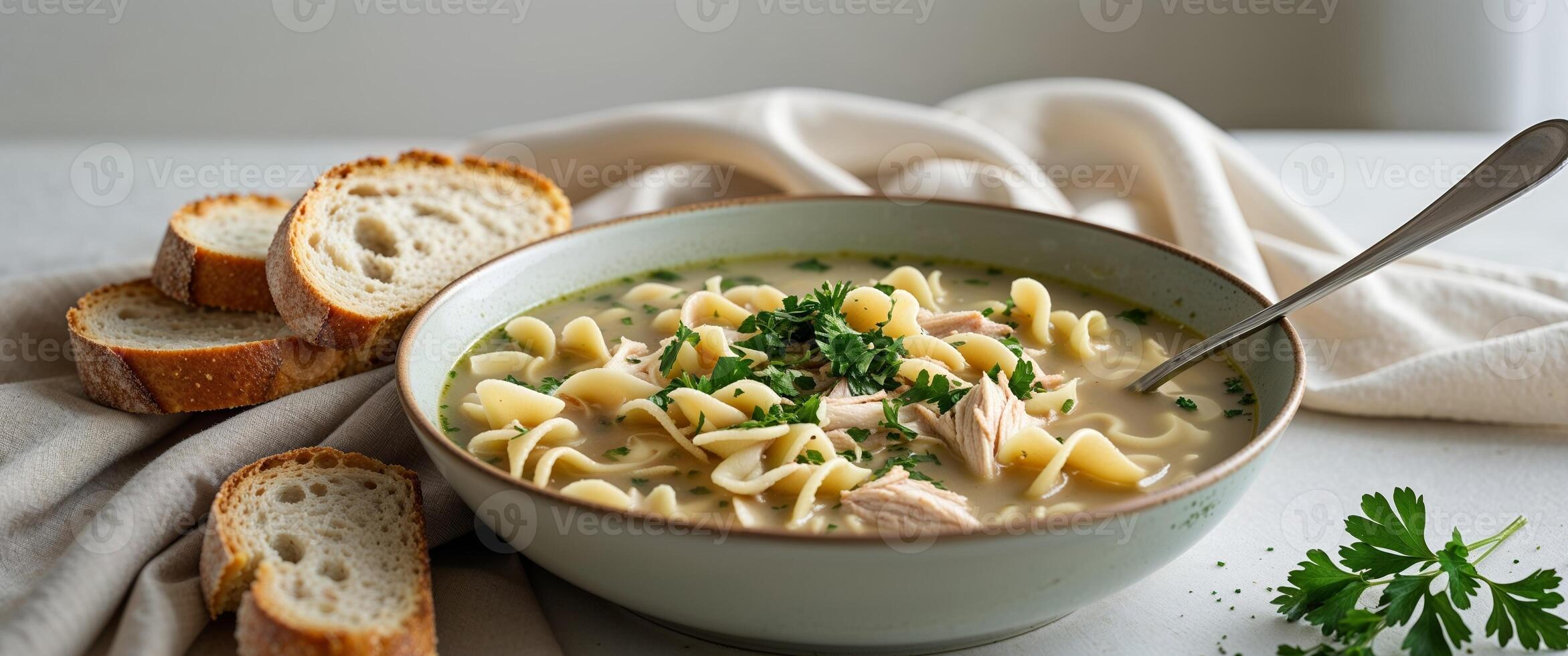 Chicken noodle soup with bread photo
