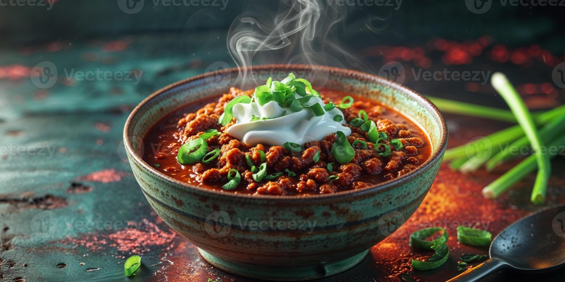 Spicy chili bowl with sour cream and scallions on rustic dark background photo