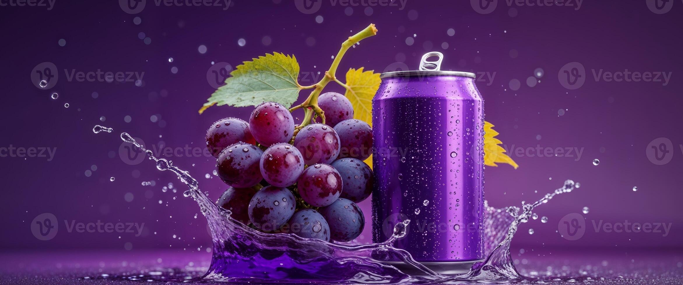 Purple Soda Can with Grapes and Splash on Purple Background. photo