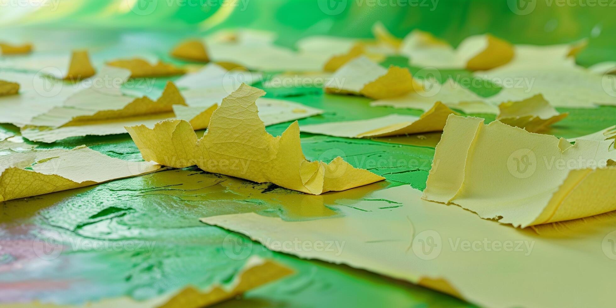 Torn Yellow Paper on Green Background Abstract Texture photo