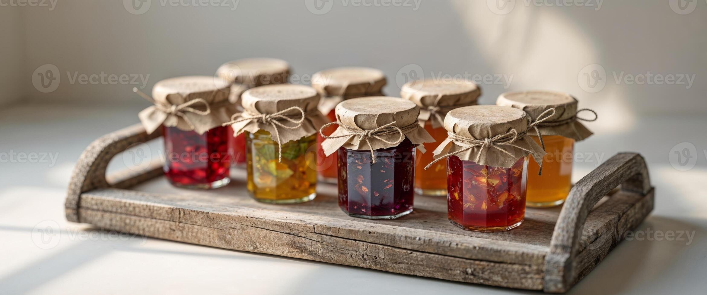 A Rustic Wooden Tray Showcasing Assorted Small Glass Jars Filled with Colorful Fruit Jams Each Sealed with Brown Paper and Twine for Decoration photo