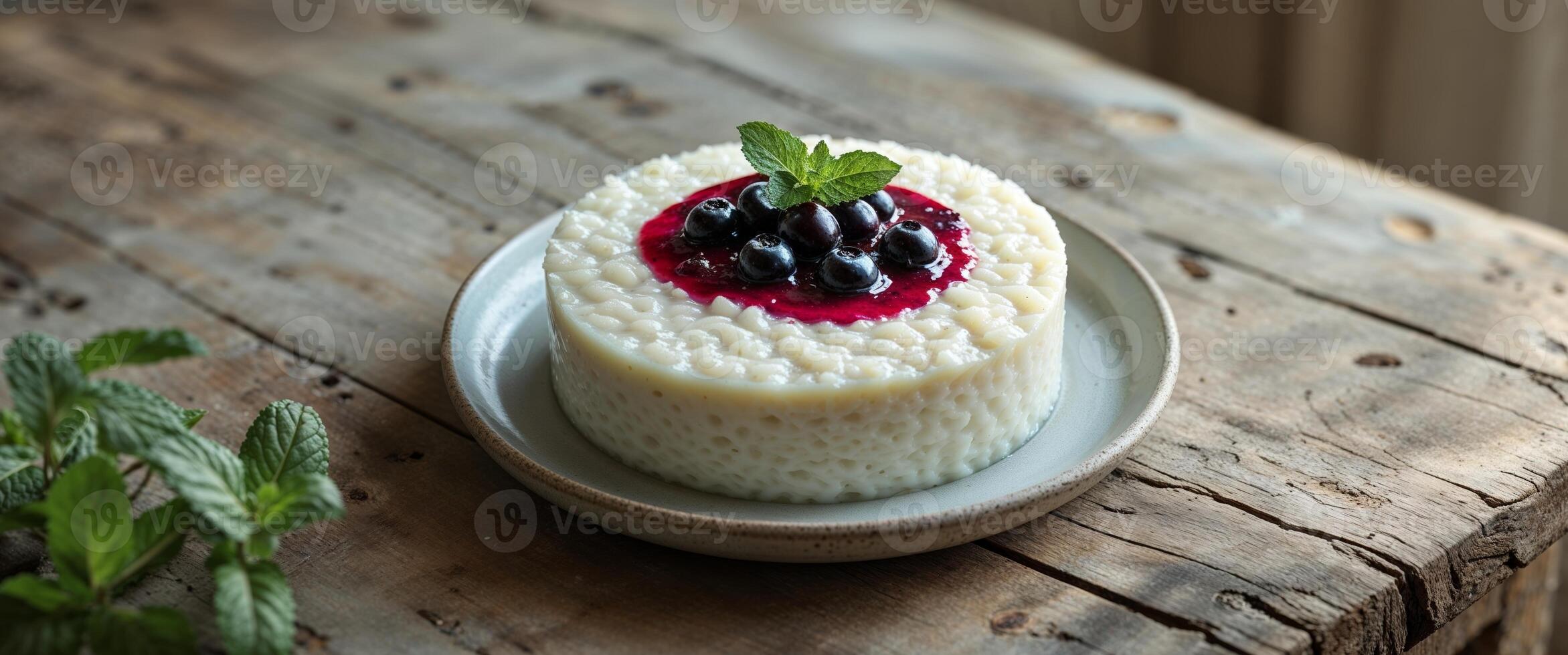 Creamy rice pudding topped with berry compote and fresh mint on a rustic table photo