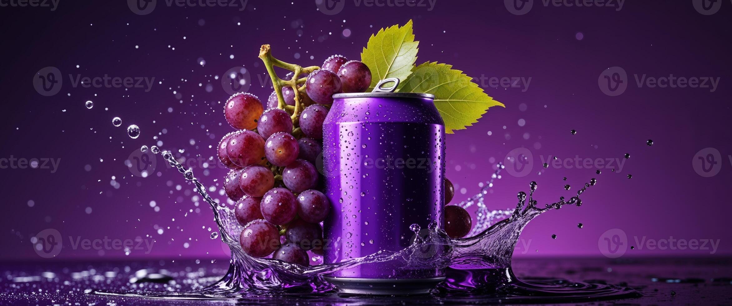 Purple can of grape juice with water splash photo