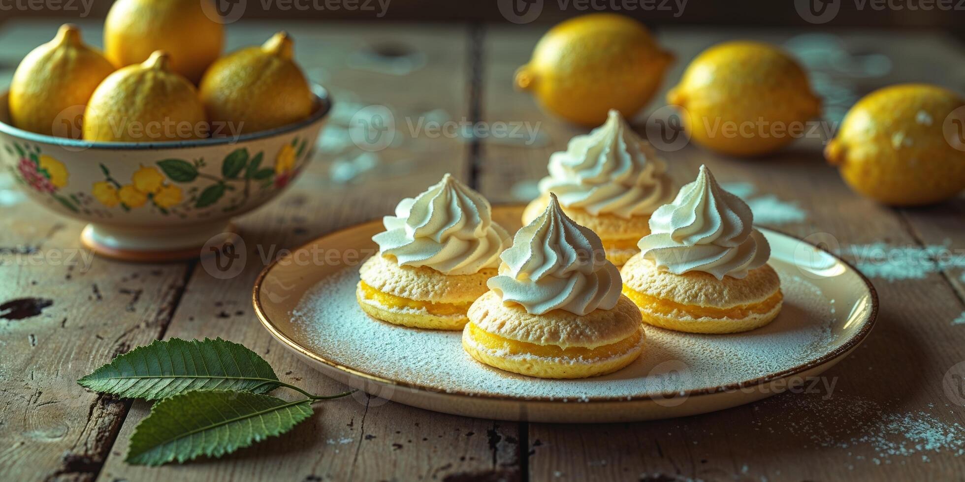 Three lemon meringue pies on a plate with lemon slices photo