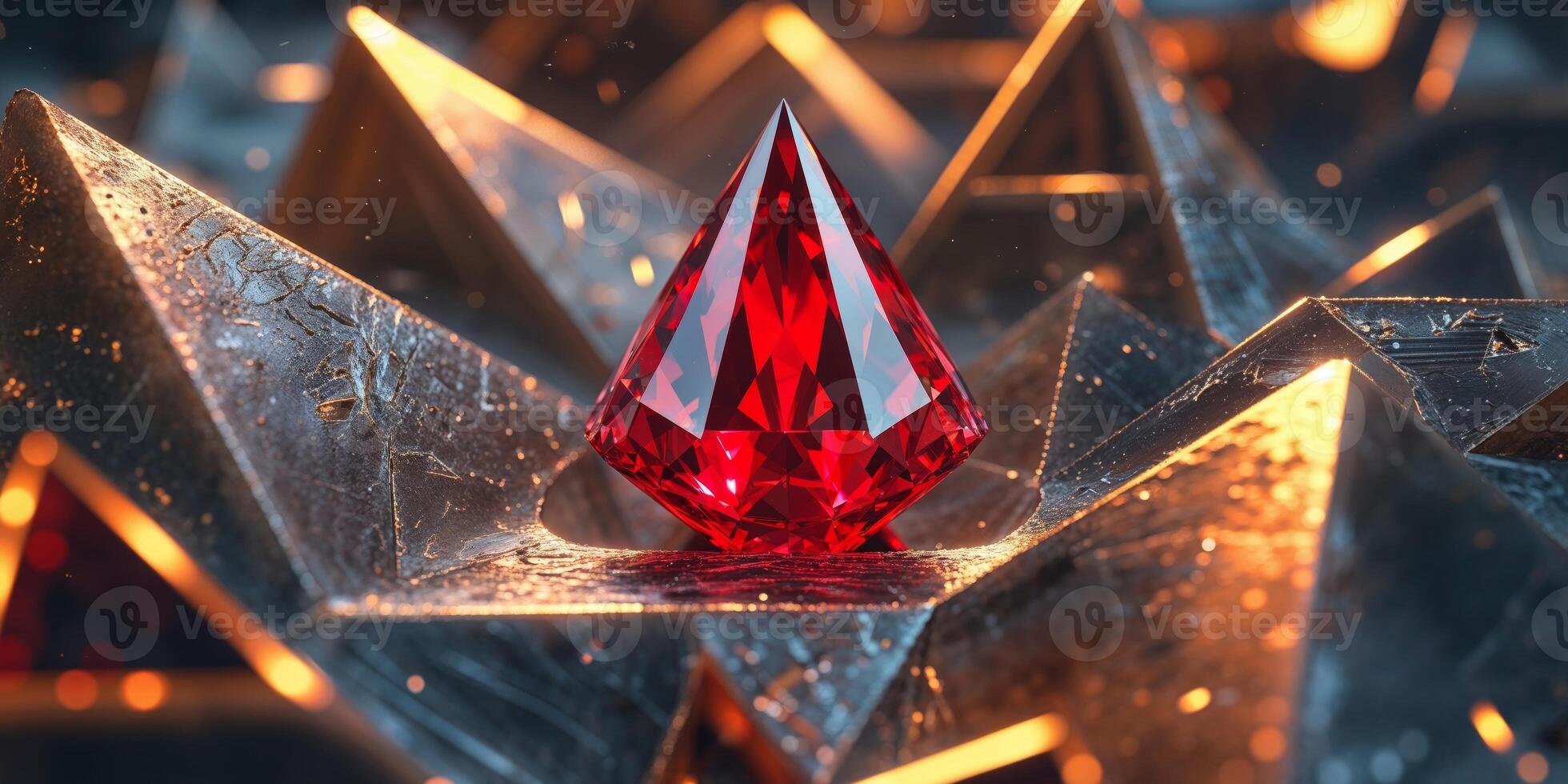 A red diamond is sitting on top of a bunch of triangles photo