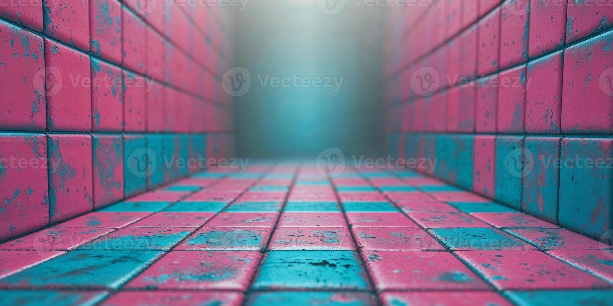 Colorful square tiles in gradient pink and blue tones with grungy surface photo