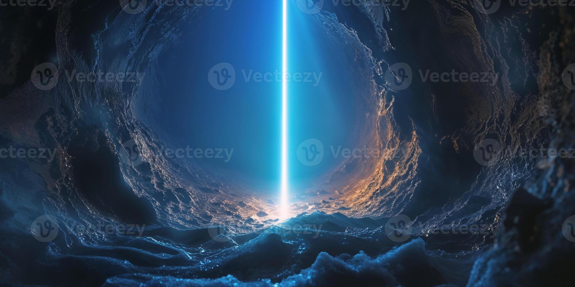 Glowing blue beam of light on a dark mysterious textured background. photo