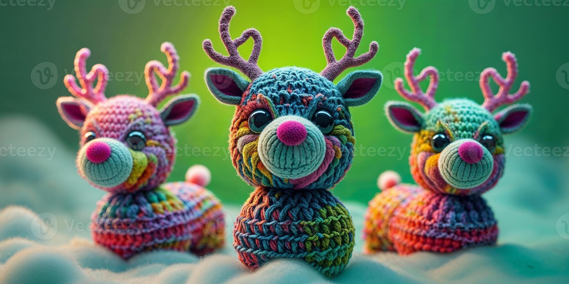 Three Knit Reindeer Toys on Green Background photo