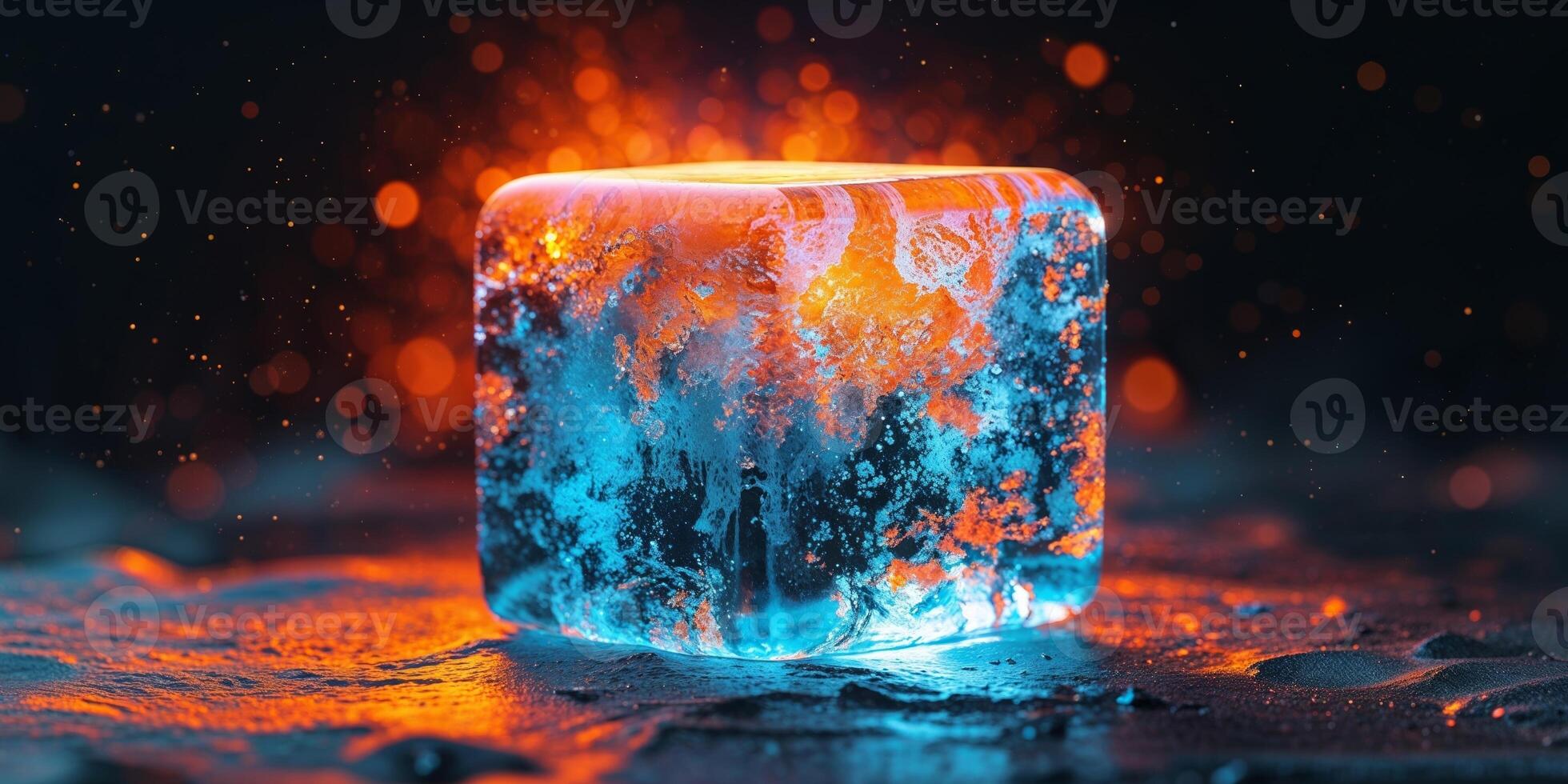 Glowing Ice Cube with Orange and Blue Energy. photo