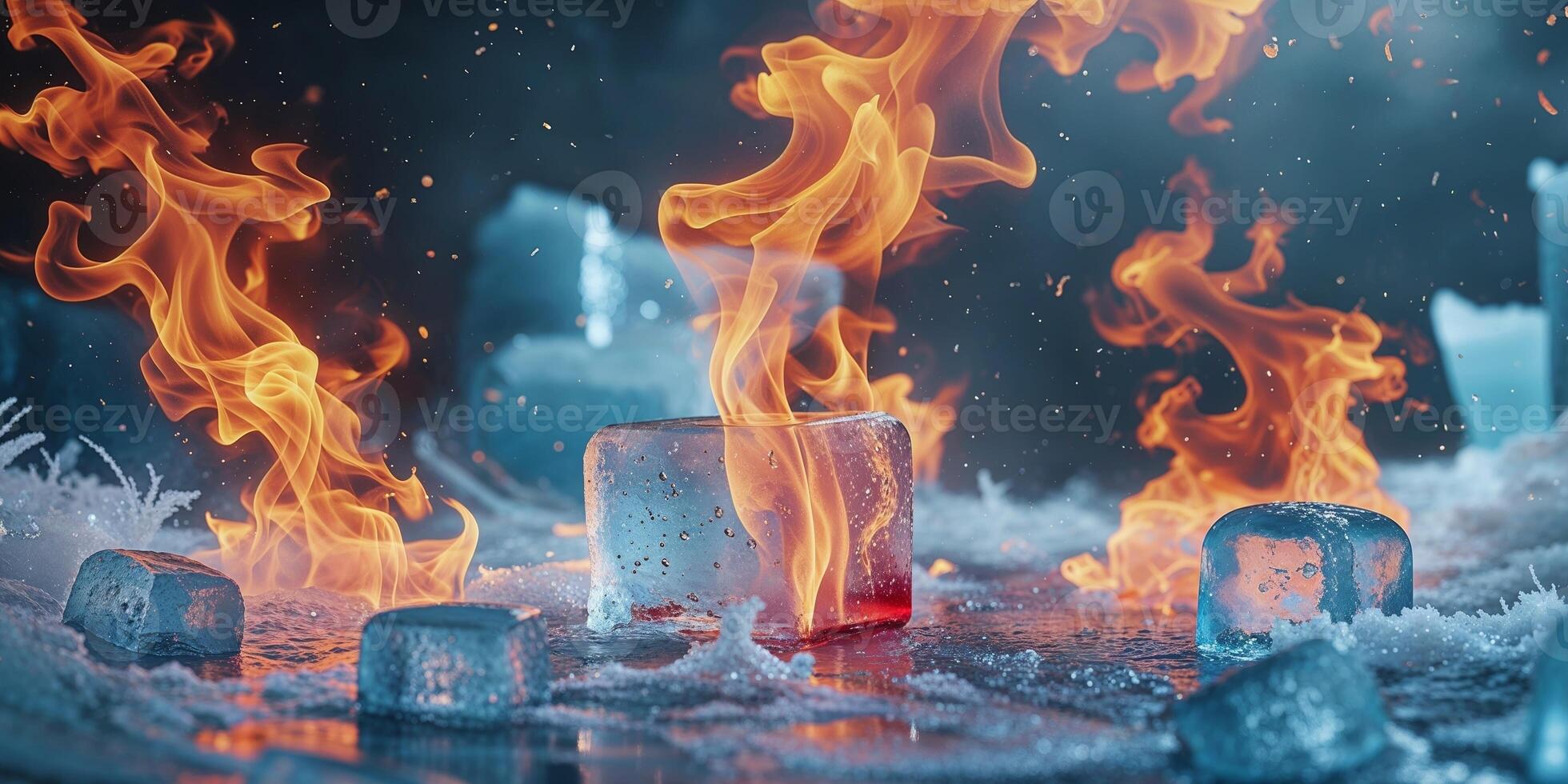 Ice and Fire Conceptual Background with Flames and Ice Cubes for Visual Contrast and Dramatic Effect photo