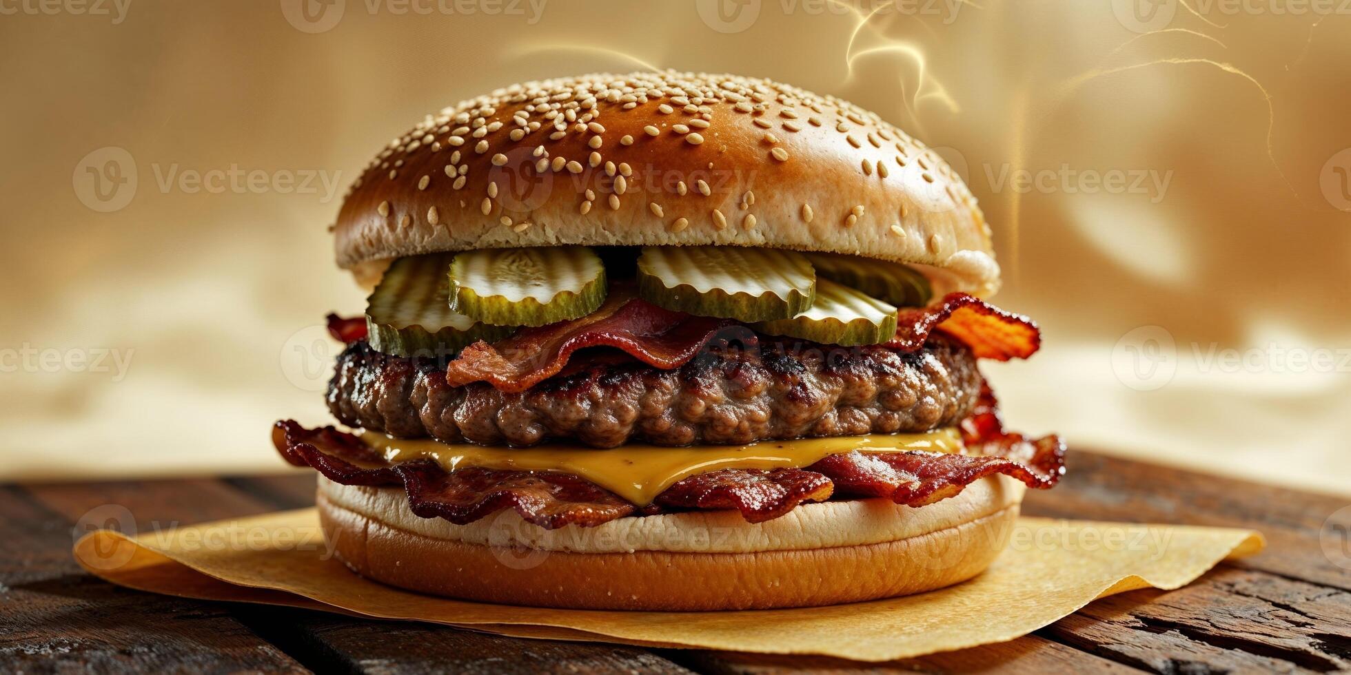 Juicy Double Bacon Cheeseburger with Pickles and Sesame Seed Bun on Wooden Table. photo