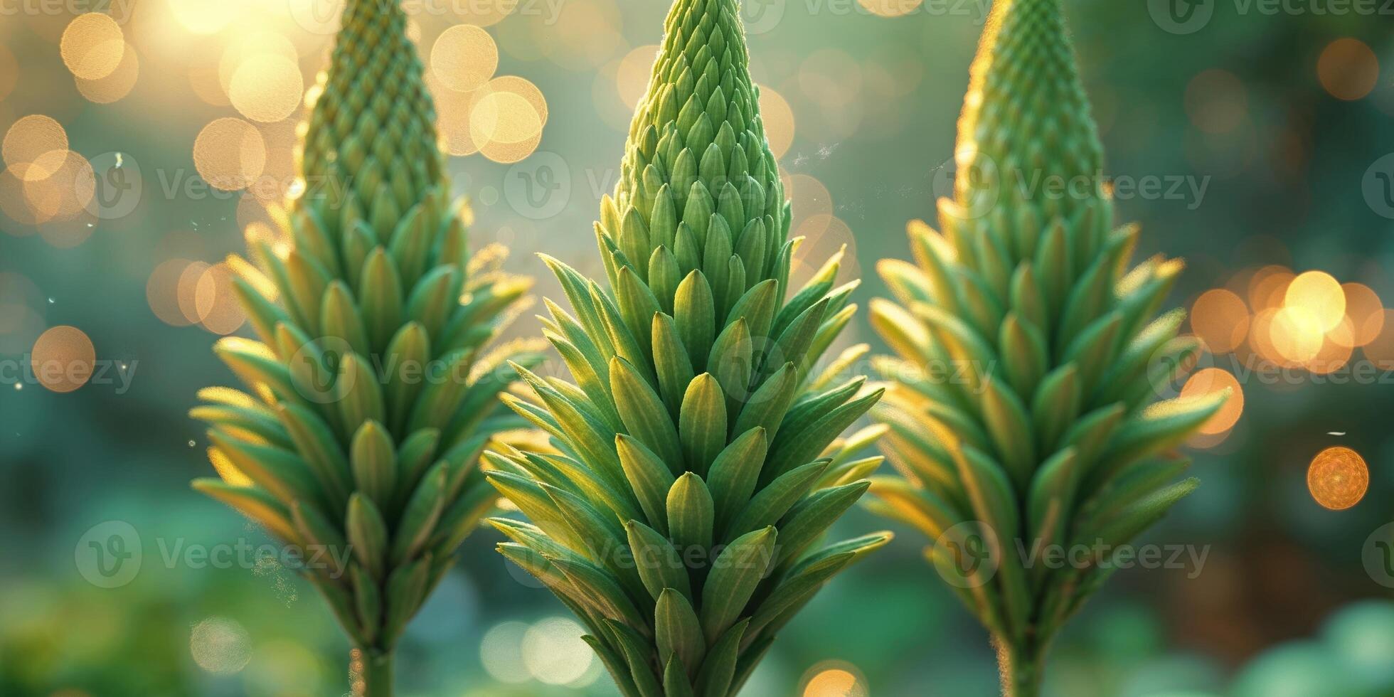 Stunning Closeup of Three Green Flower Spikes in a Garden. photo
