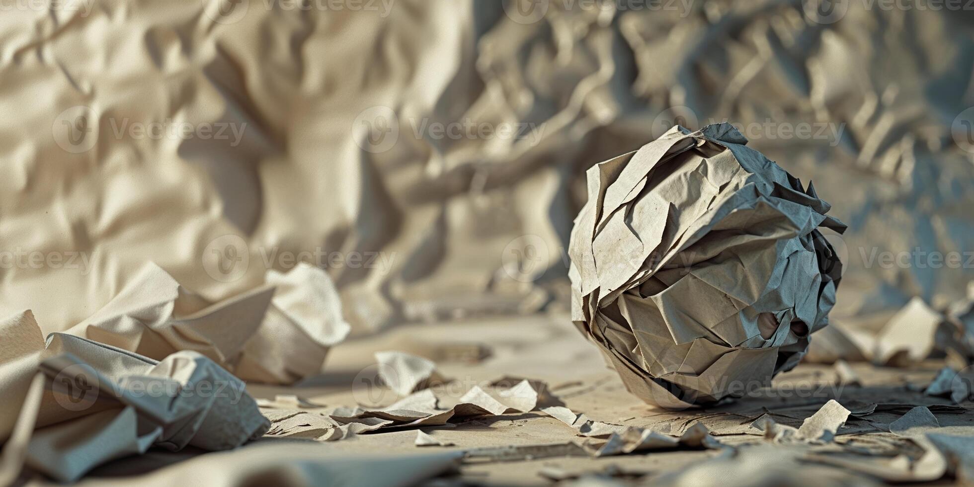 Crumpled paper background with wrinkled texture and a crushed paper ball. photo