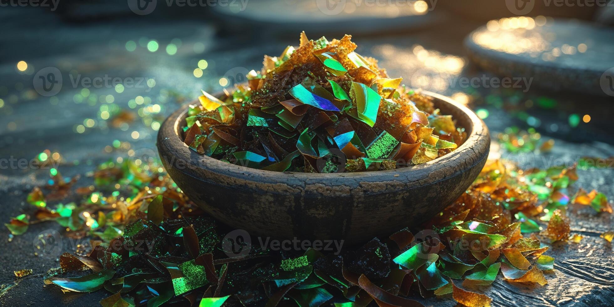 Wooden bowl of chopped seaweed on dark stone surface. photo