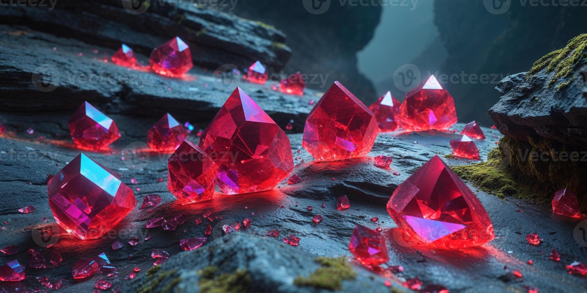 Vivid Red Crystals on Dark Background in Natural Rocky Setting. photo