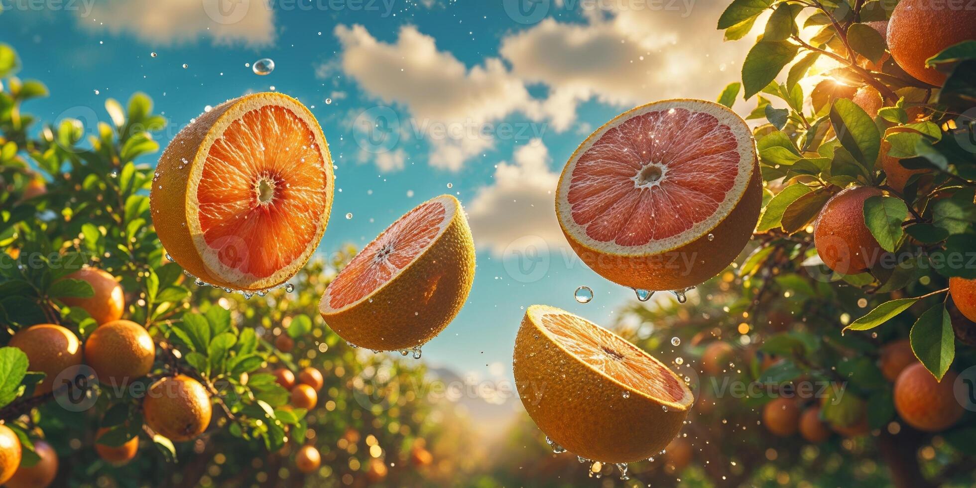 Juicy Grapefruit Halves Sunset Orchard Sunlight. photo