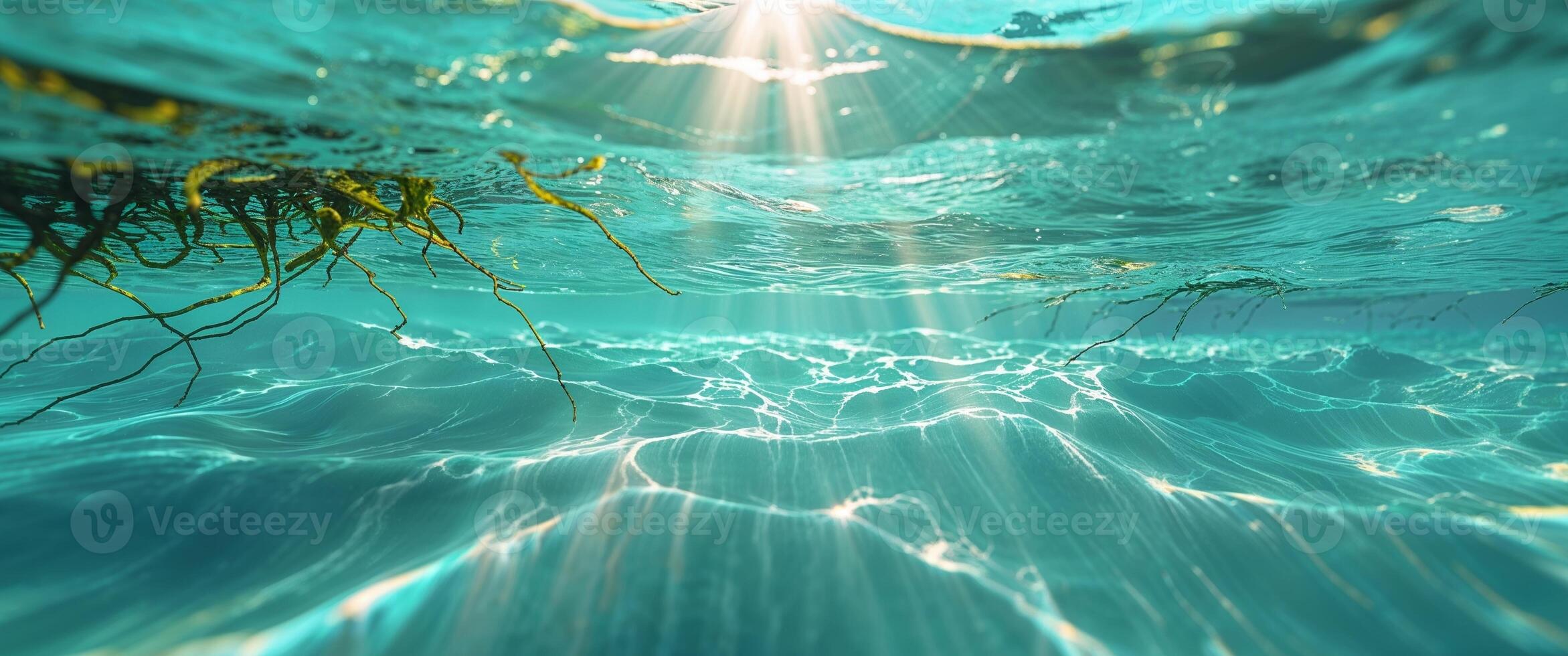 A view of the ocean from above with sunlight shining through the water photo