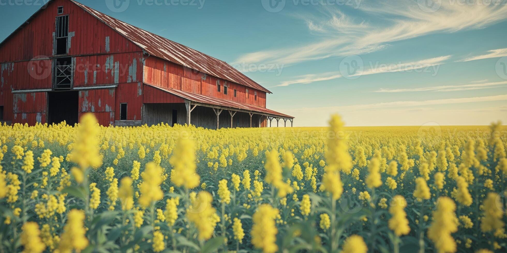 Red barn in a yellow canola field under blue sky photo