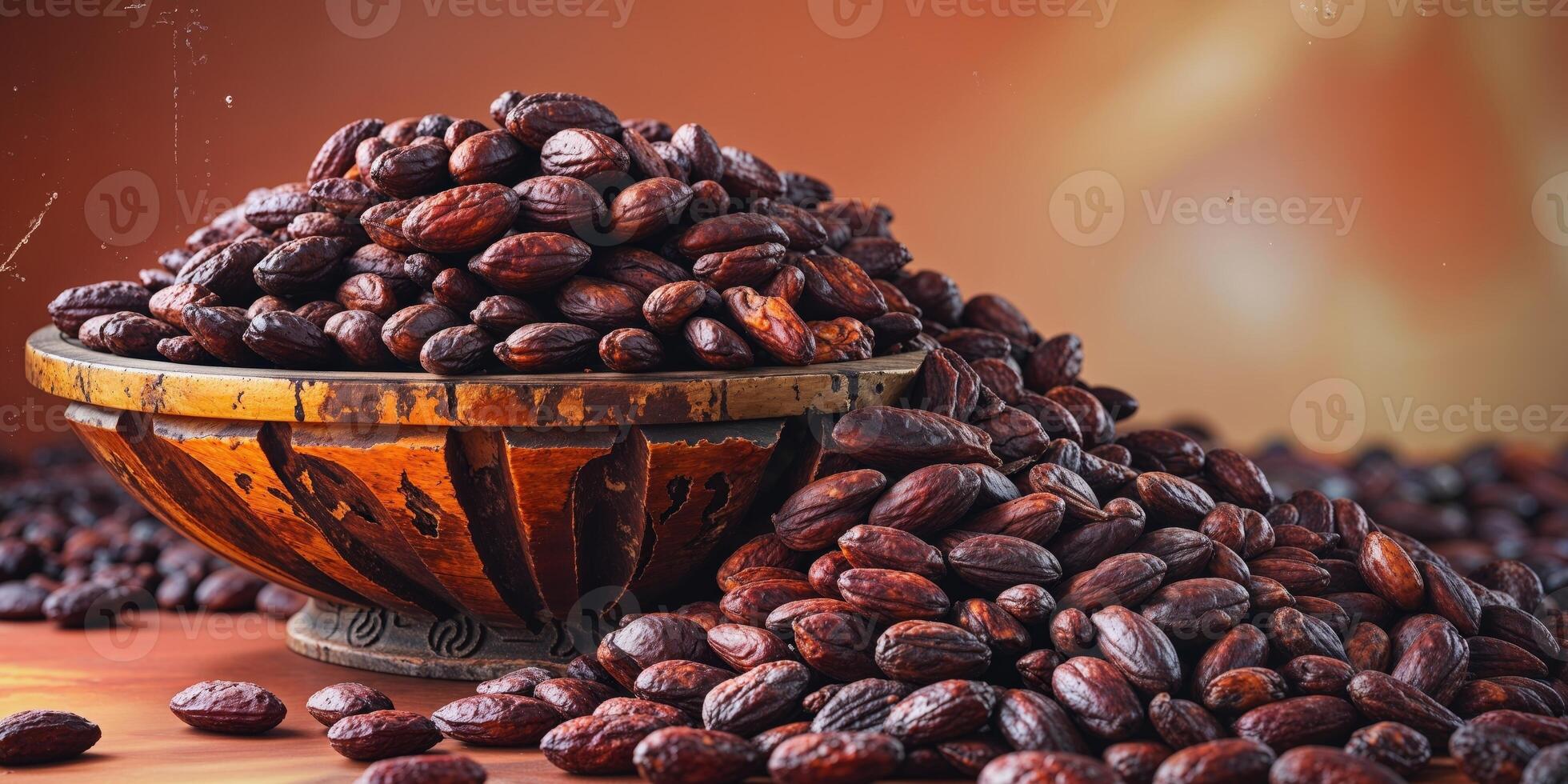 A Stunning Display of Cocoa Beans in a Wooden Bowl photo