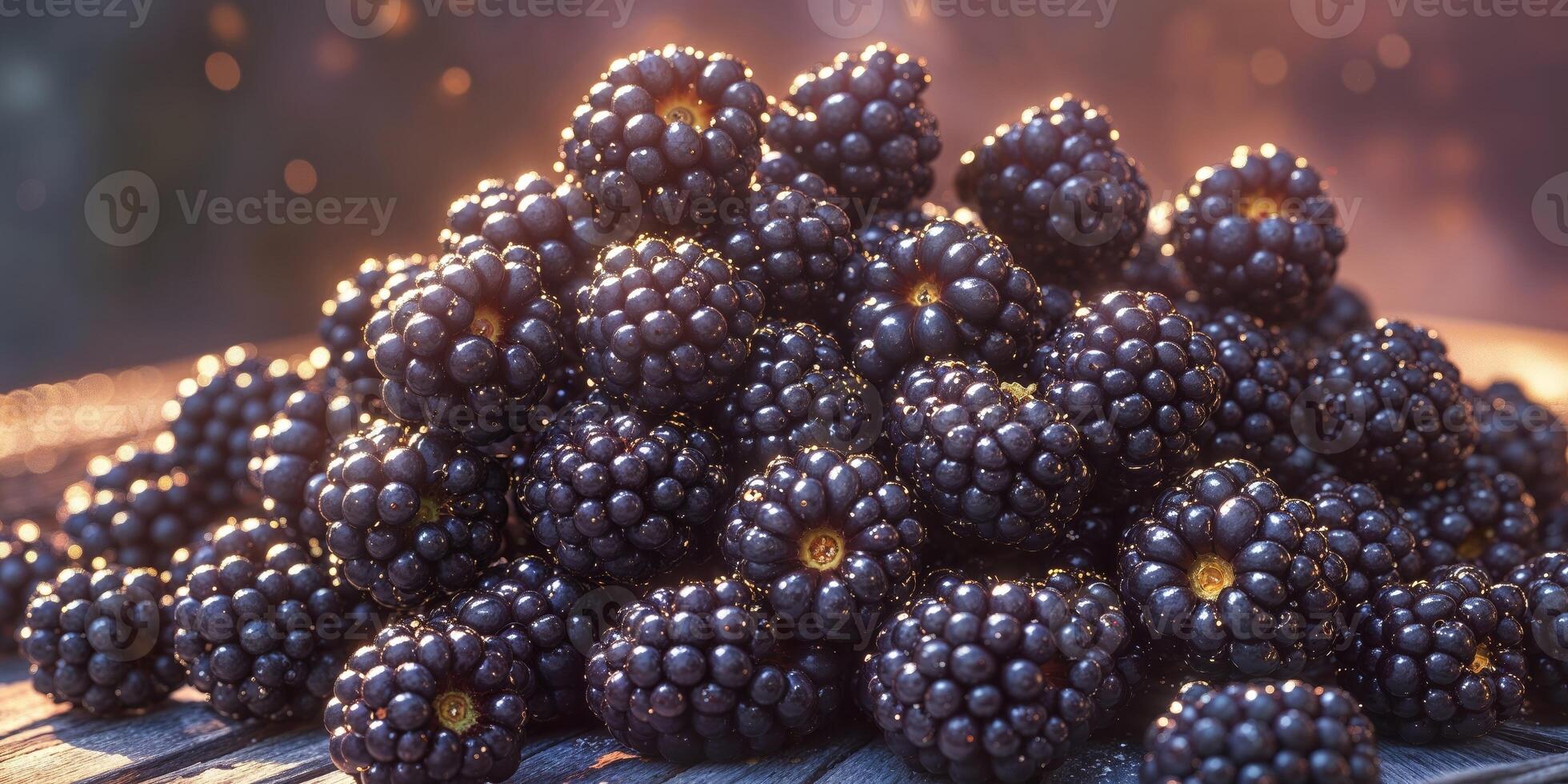 A pile of blackberries on a wooden table photo